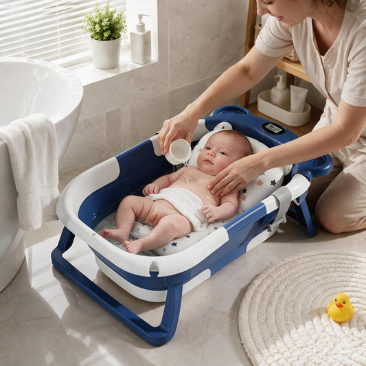 Newborn resting on the BabyBath Nest floating cushion while mum washes with both hands