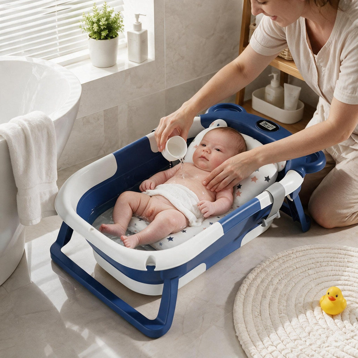 Newborn resting on the BabyBath Nest floating cushion while mum washes with both hands