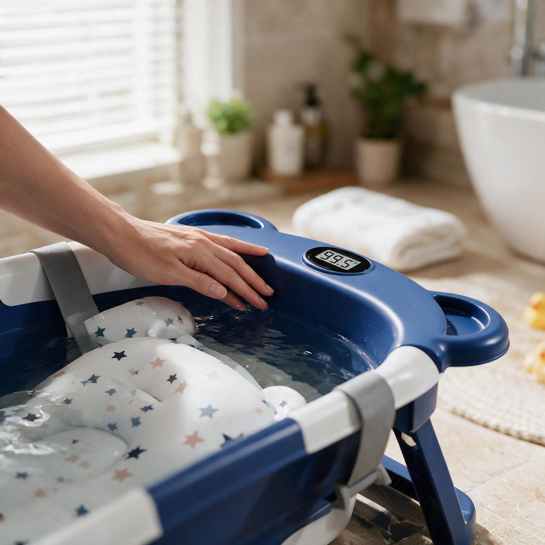 Digital thermometer on the tub rim showing the water temperature