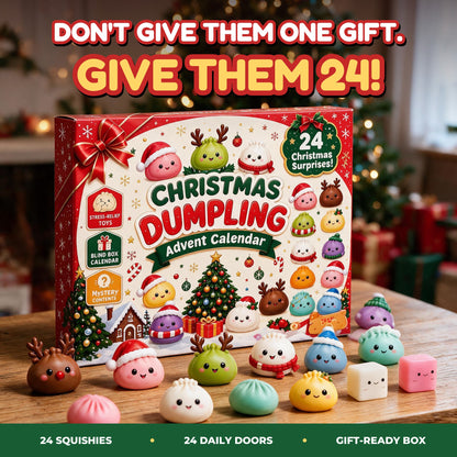Dumplora squishy advent calendar with mini dumpling squishies in front of a Christmas tree