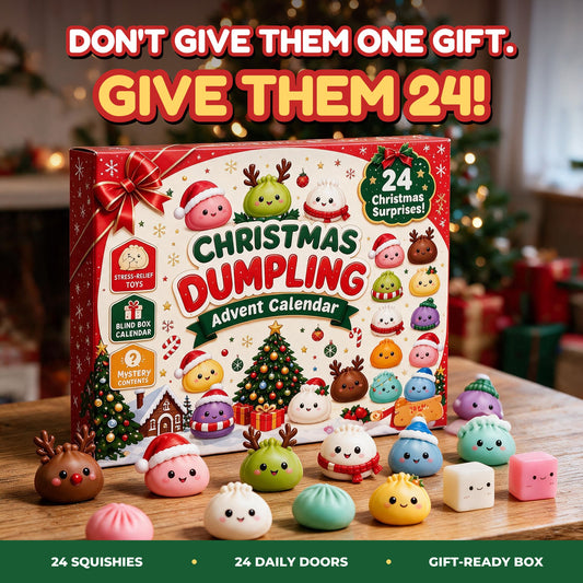 Dumplora squishy advent calendar with mini dumpling squishies in front of a Christmas tree