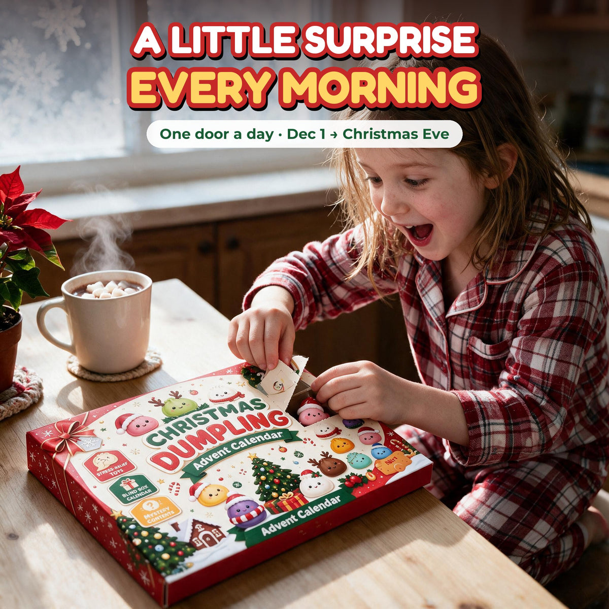 Girl in Christmas pajamas opening a door on her squishy advent calendar
