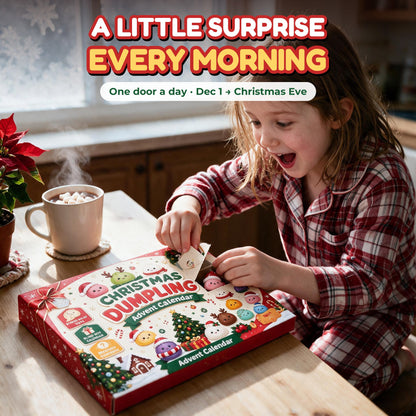 Girl in Christmas pajamas opening a door on her squishy advent calendar