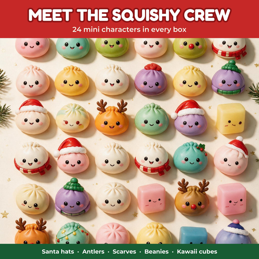 Grid of mini dumpling squishies with Santa hats, antlers, scarves and beanies