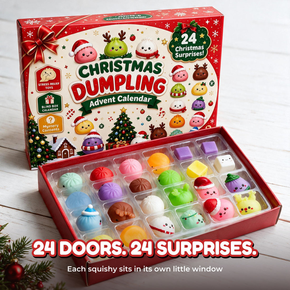 Inside the advent calendar: 24 squishies in their own little windows