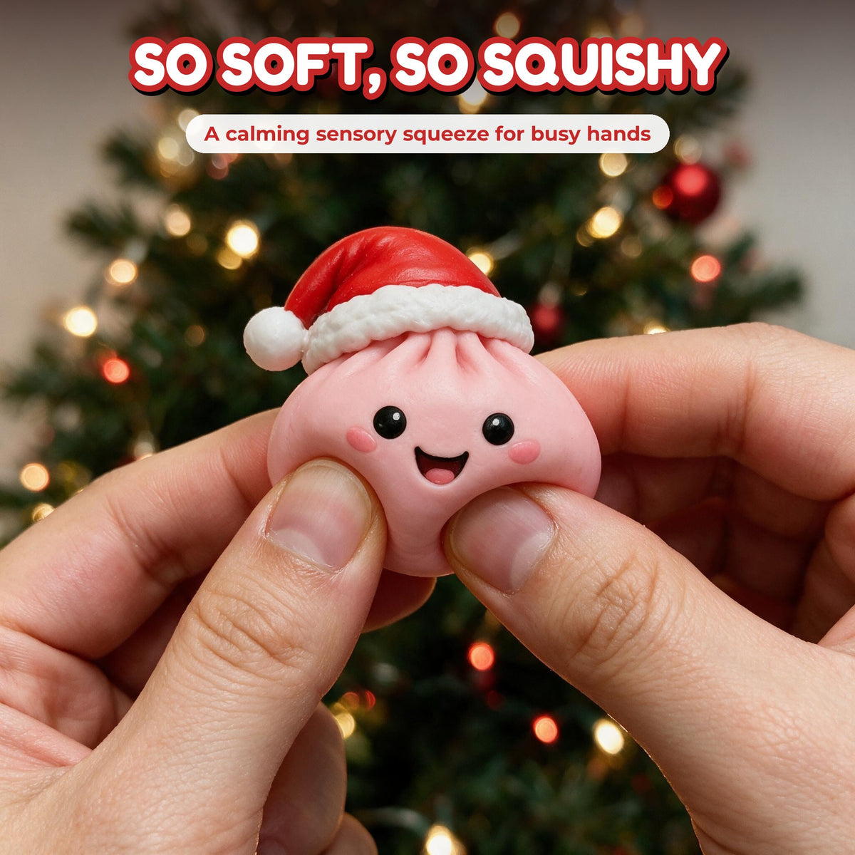 Fingers squeezing a soft pink Santa-hat dumpling squishy
