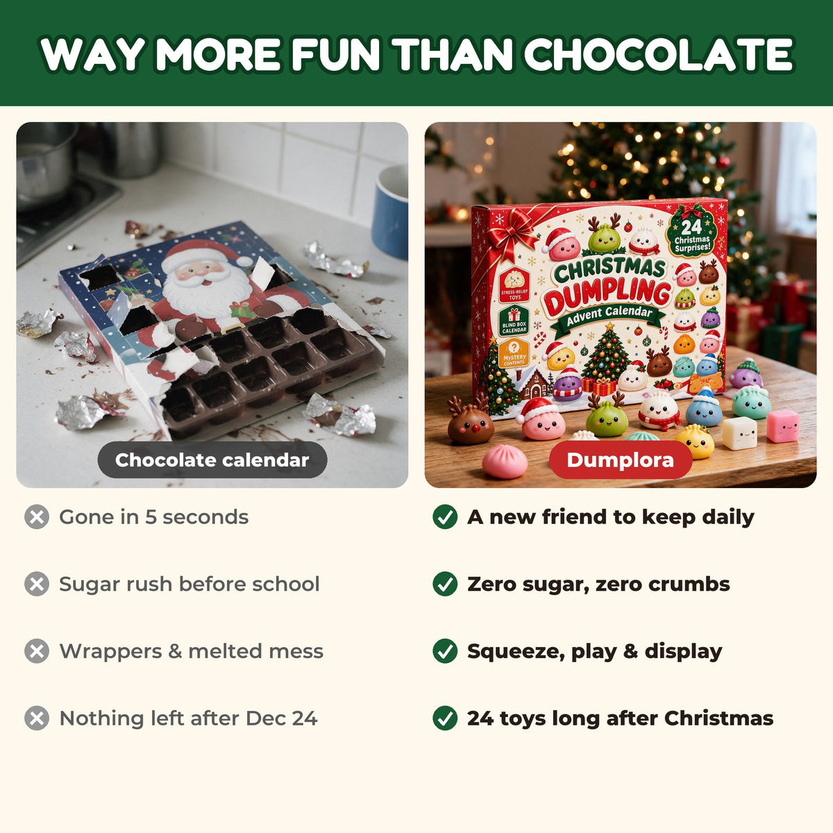 Squishy advent calendar compared with a chocolate advent calendar