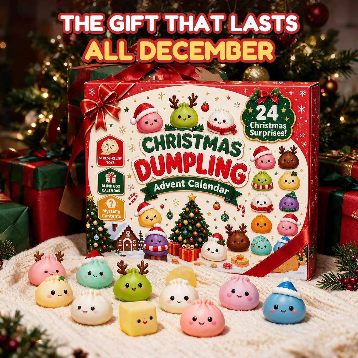 Squishy advent calendar wrapped with a red ribbon under the tree
