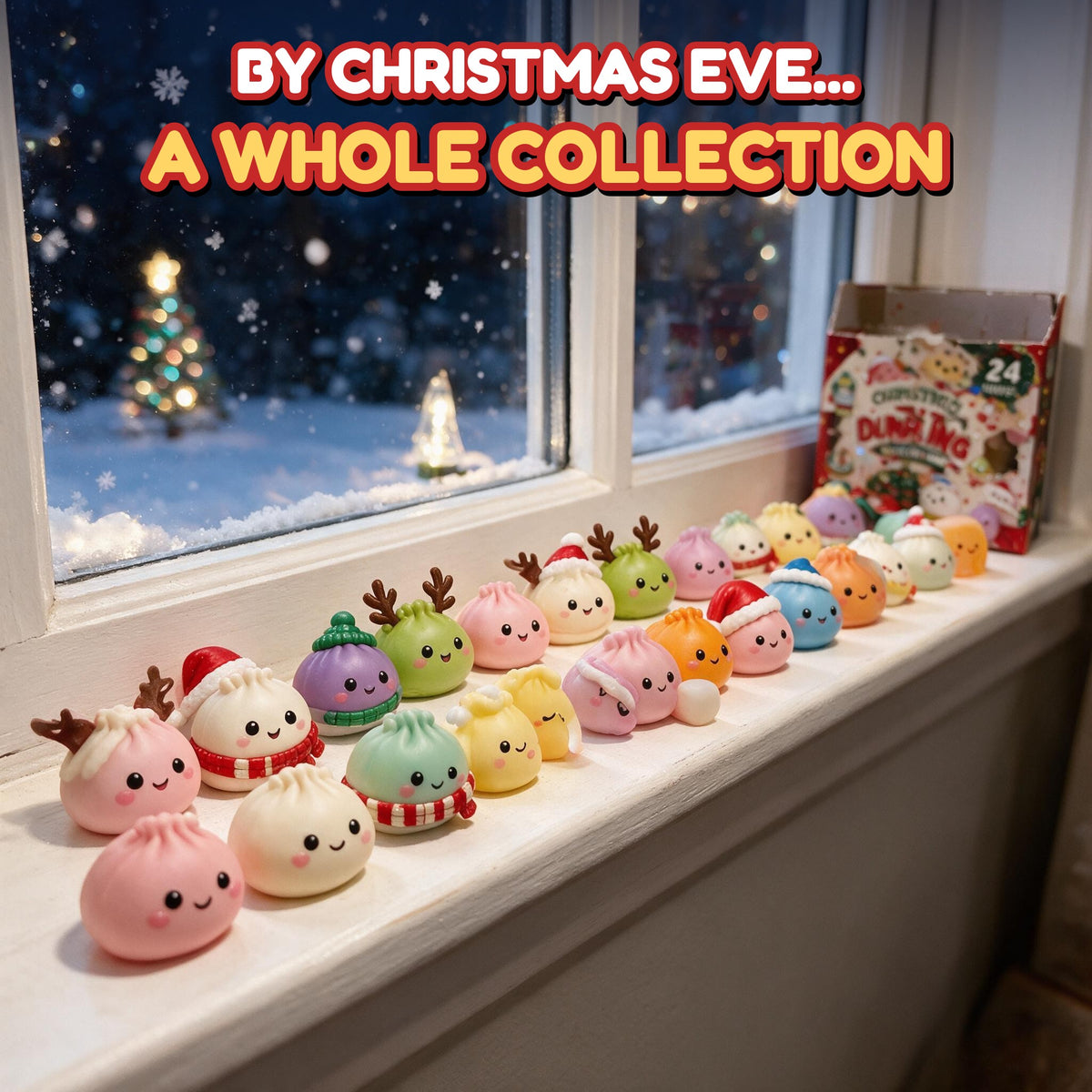 A whole collection of dumpling squishies lined up on a windowsill