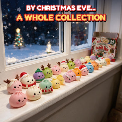 A whole collection of dumpling squishies lined up on a windowsill