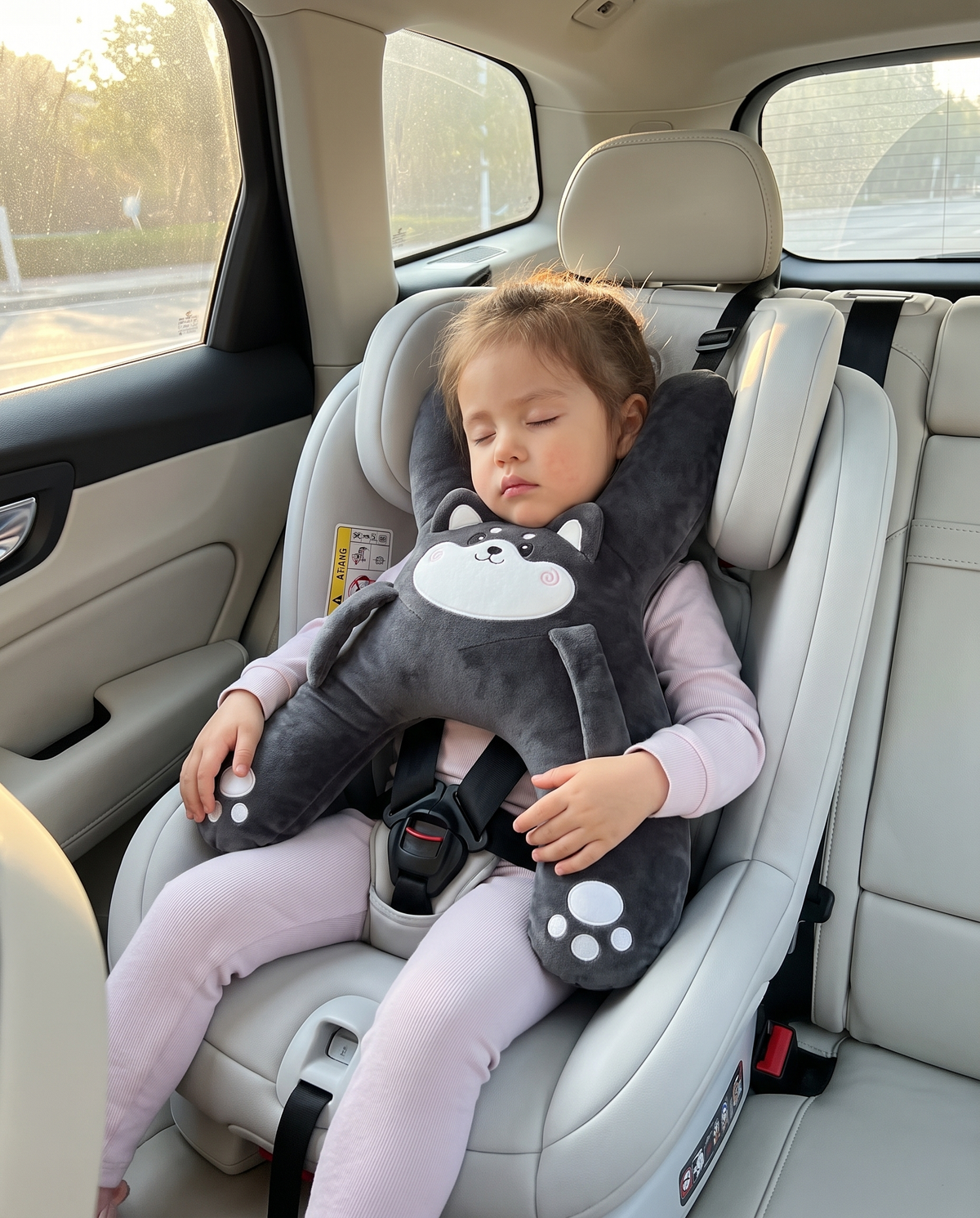 Toddler asleep in a car seat with her head held upright by the Kudlee charcoal husky nap pillow