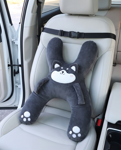 Kudlee charcoal husky pillow laid flat showing both wings, arm openings and buckle strap