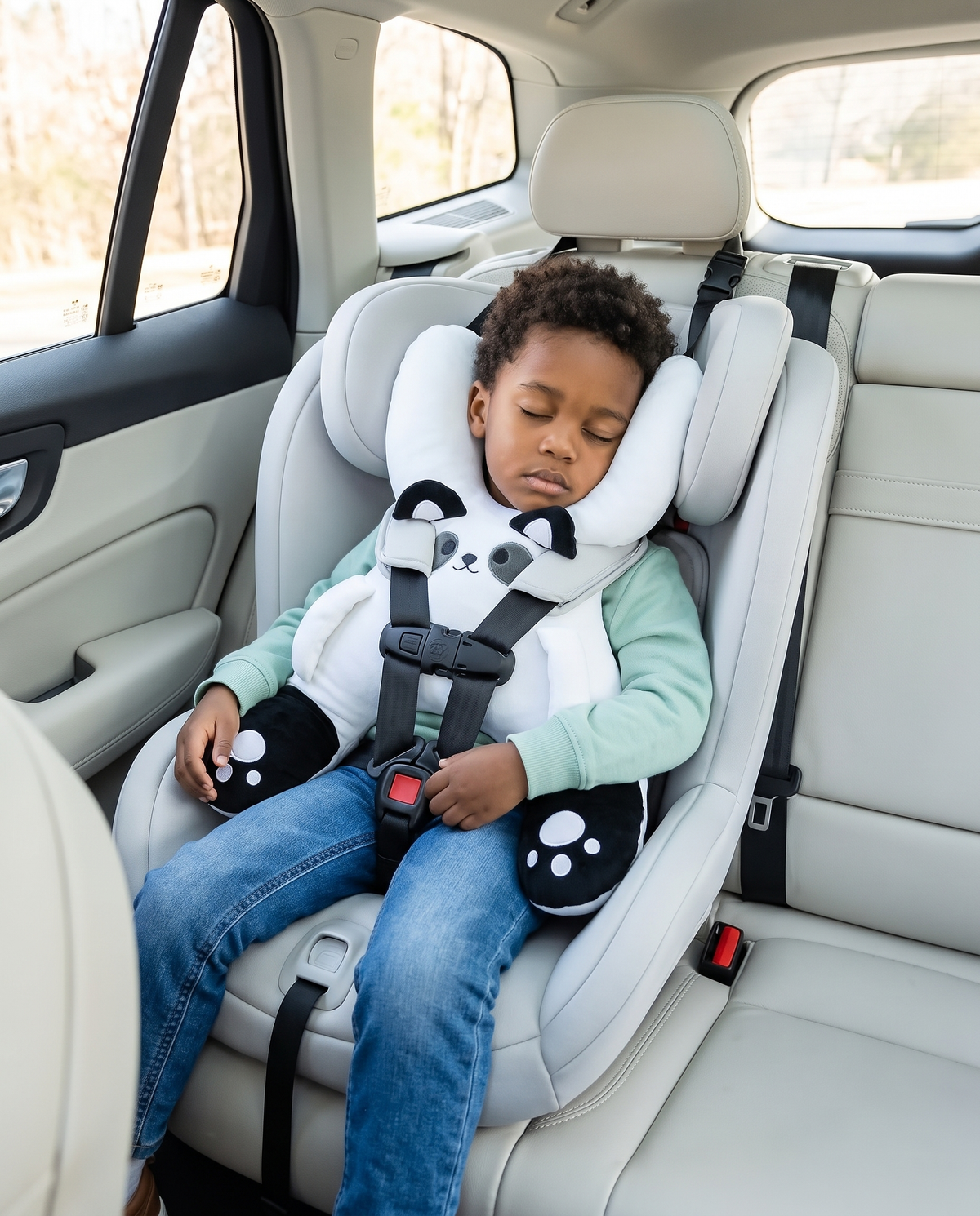 Boy asleep in a car seat wearing the Kudlee white panda nap pillow