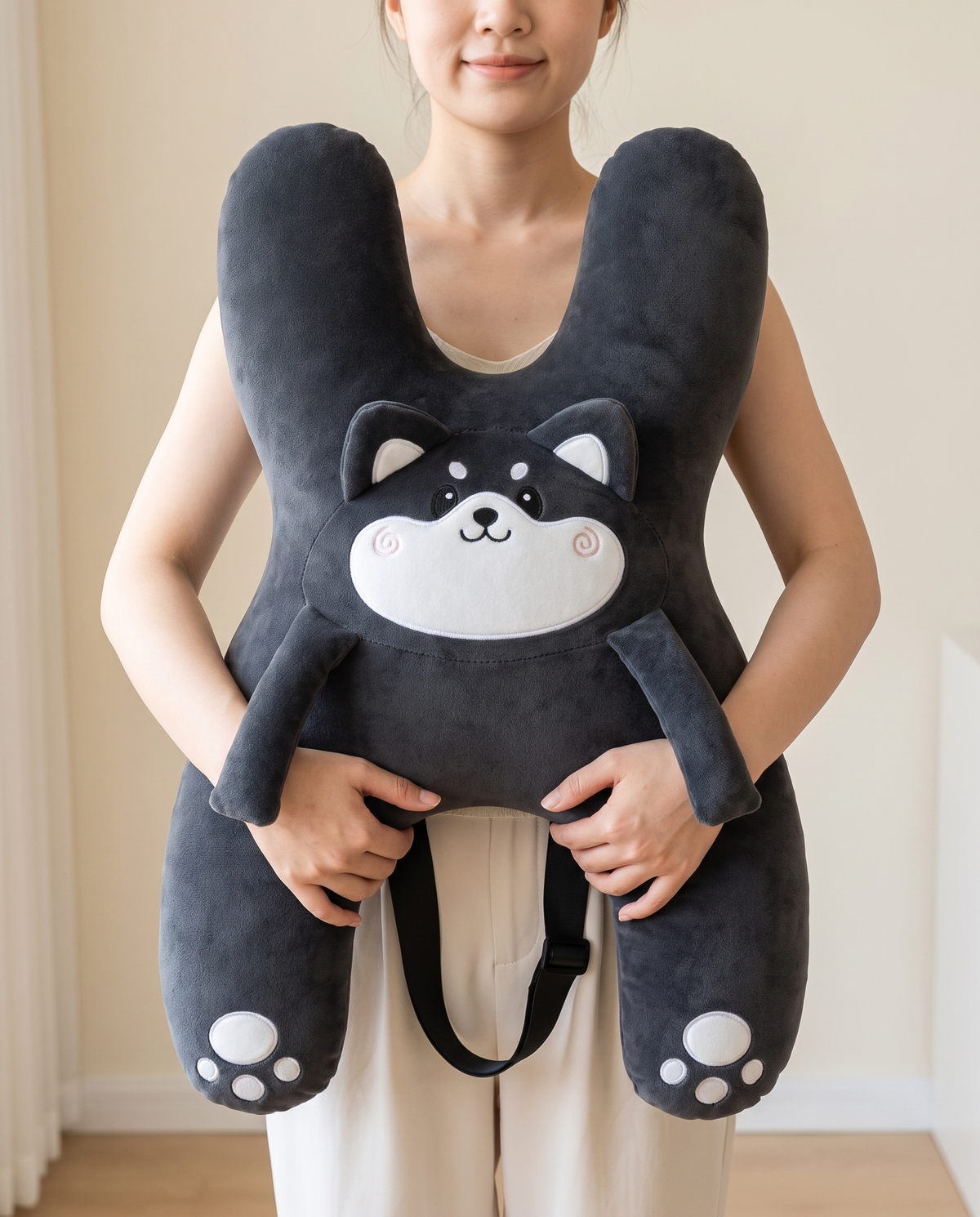 An adult holding Kudlee against her chest to show its real size, 22 by 16.5 inches
