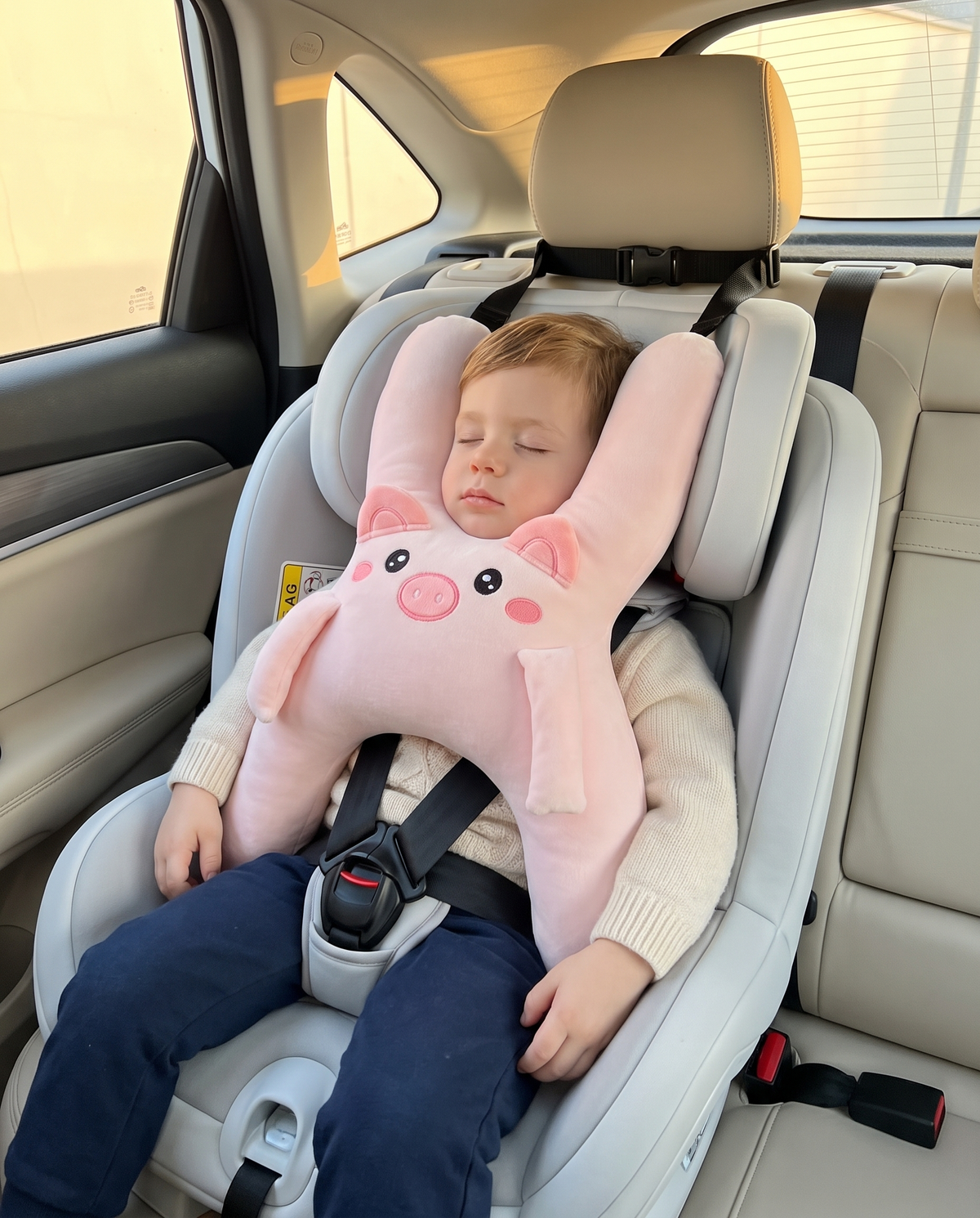 Boy asleep in a car seat wearing the Kudlee pink pig nap pillow