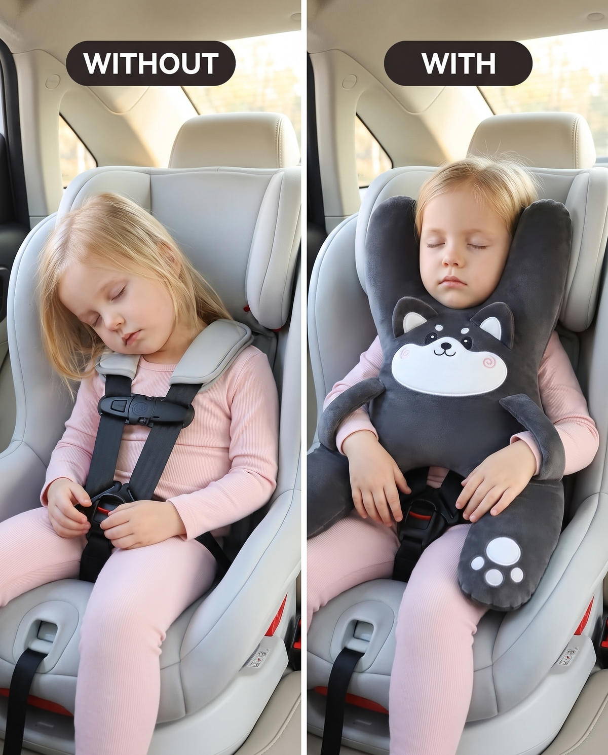 Before and after: same sleeping child with her chin slumped on her chest, then held level by Kudlee