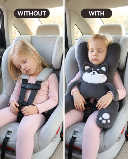 Before and after: same sleeping child with her chin slumped on her chest, then held level by Kudlee