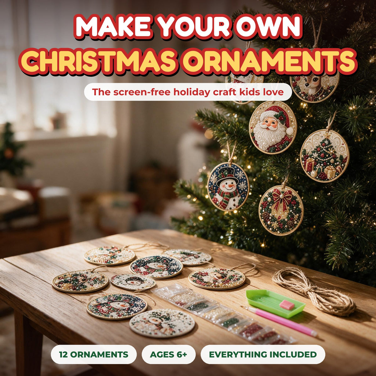 Merrigem make-your-own Christmas ornaments kit with sparkling gem ornaments on the tree