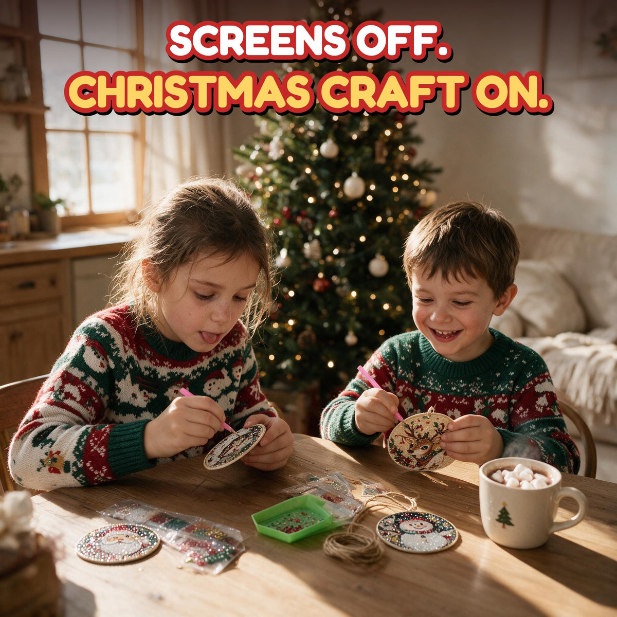 Brother and sister decorating Christmas ornaments with gems at the kitchen table