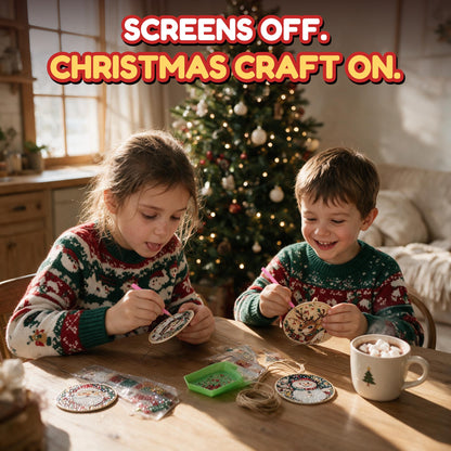 Brother and sister decorating Christmas ornaments with gems at the kitchen table