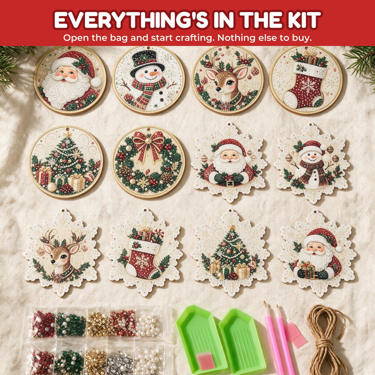 Everything in the kit: 12 ornament discs, sorted gems and pearls, trays, pens and twine