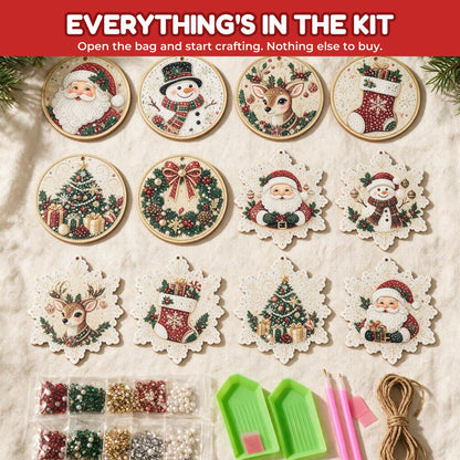 Everything in the kit: 12 ornament discs, sorted gems and pearls, trays, pens and twine