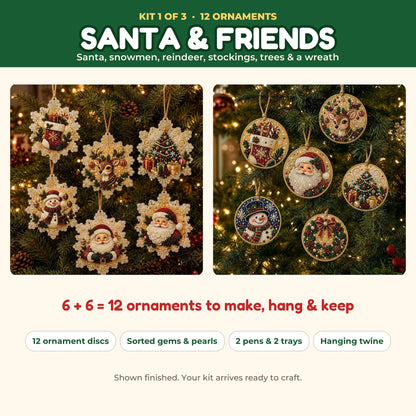 Santa and Friends kit: 12 Santa, snowman, reindeer, stocking, tree and wreath ornaments