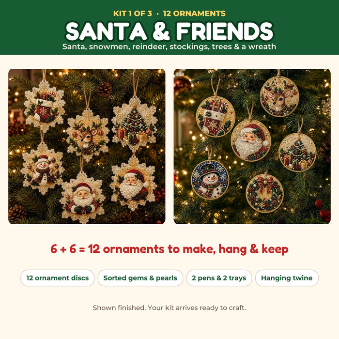 Santa and Friends kit: 12 Santa, snowman, reindeer, stocking, tree and wreath ornaments