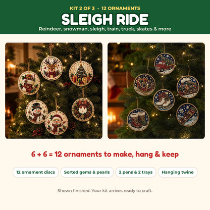 Sleigh Ride kit: 12 ornaments with reindeer, sleigh, train, truck and skates
