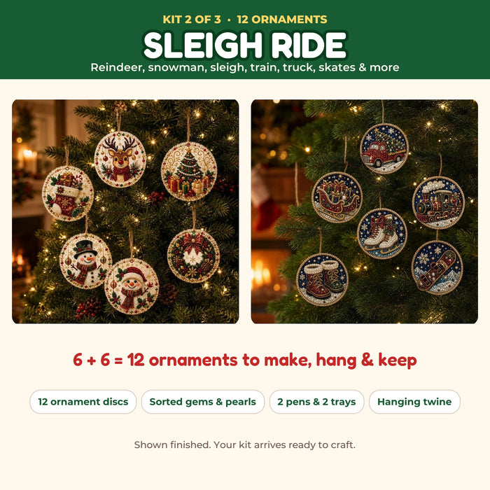 Sleigh Ride kit: 12 ornaments with reindeer, sleigh, train, truck and skates