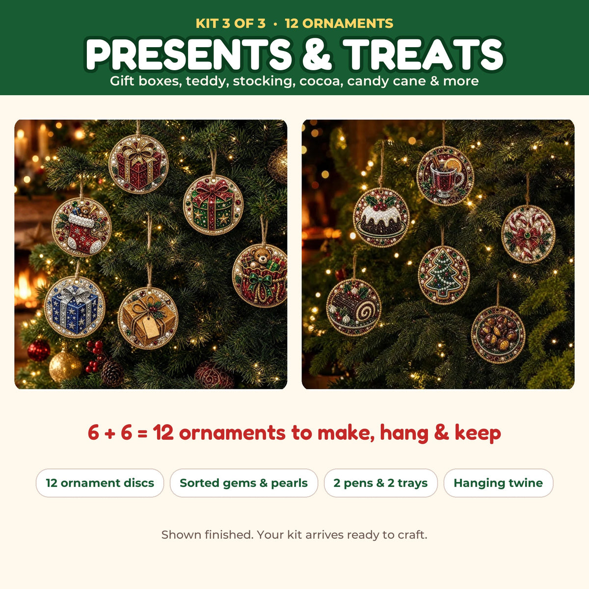 Presents and Treats kit: 12 ornaments with gift boxes, teddy, cocoa and candy cane