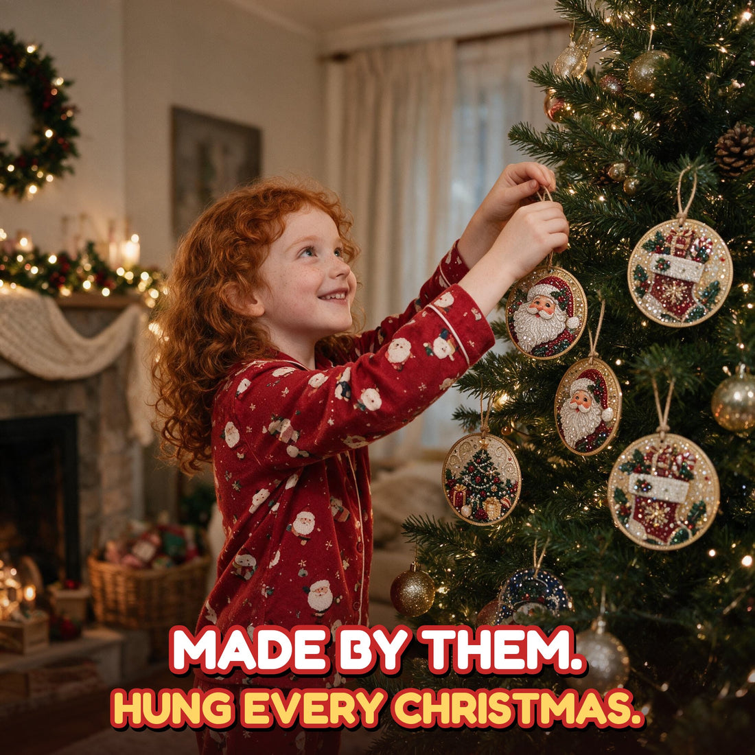 Girl in Christmas pajamas hanging her sparkly Santa ornament on the tree
