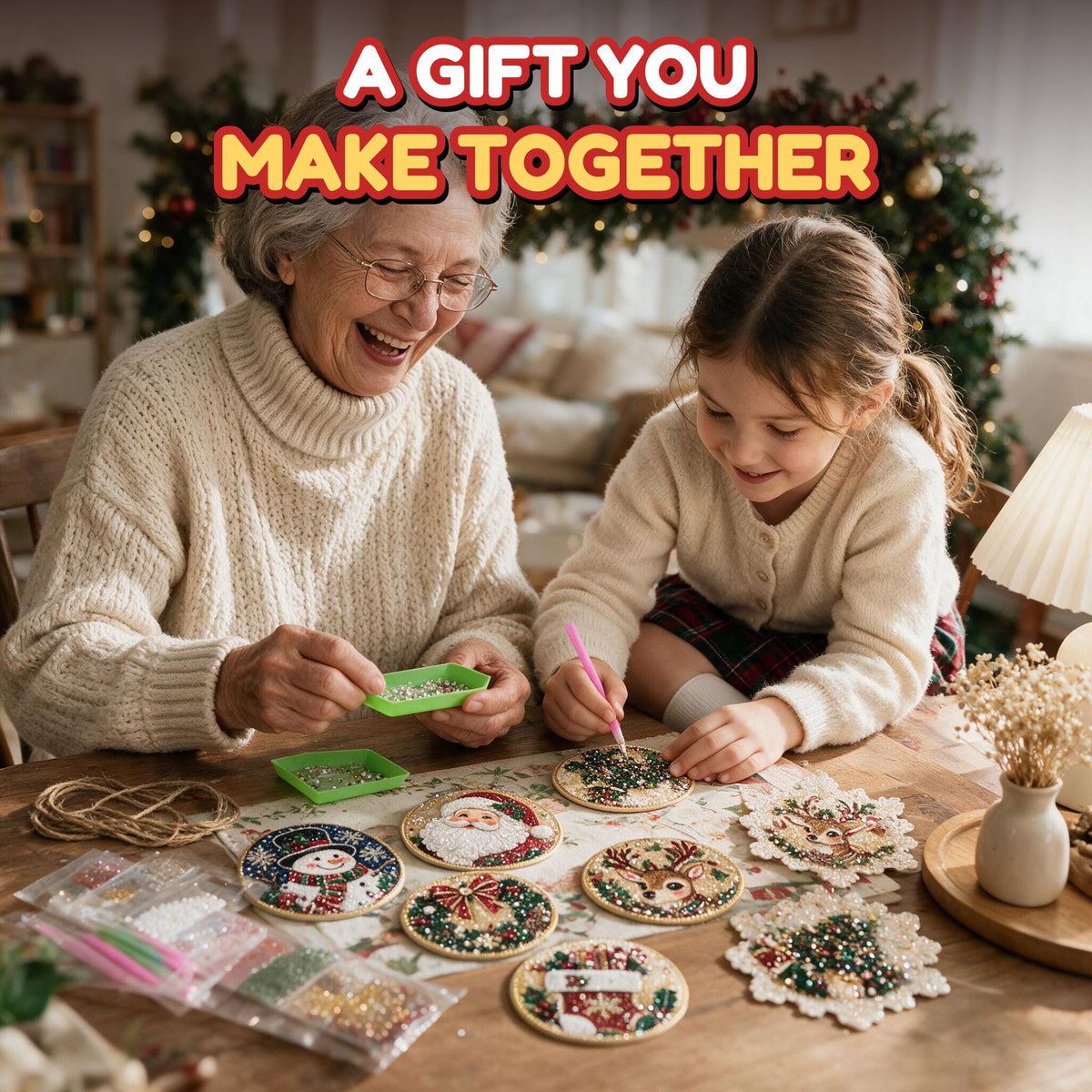 Grandmother and granddaughter making gem ornaments together