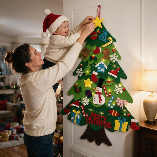 Mum lifting her toddler to put the star on top of his felt Christmas tree