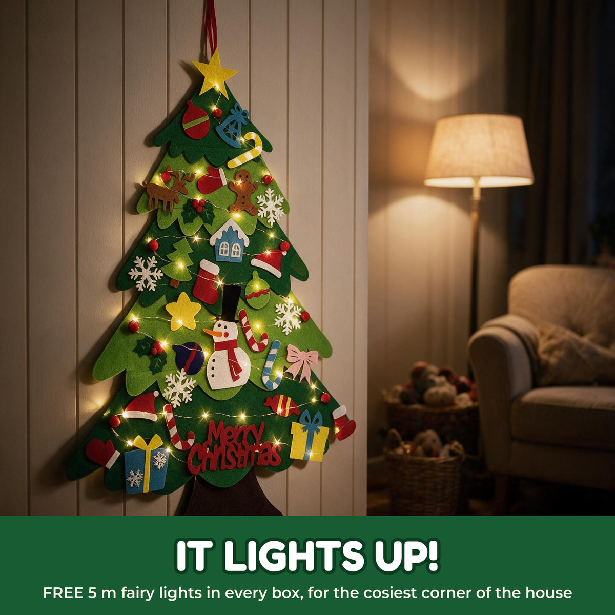 Felt Christmas tree glowing with warm fairy lights in a cosy living room