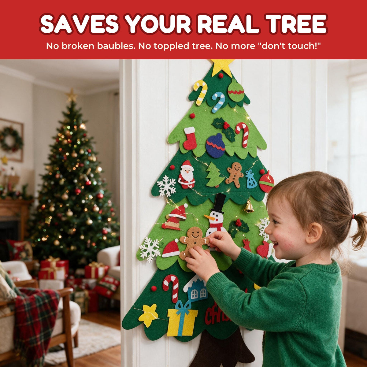 Toddler decorating her own felt tree while the real Christmas tree stays untouched