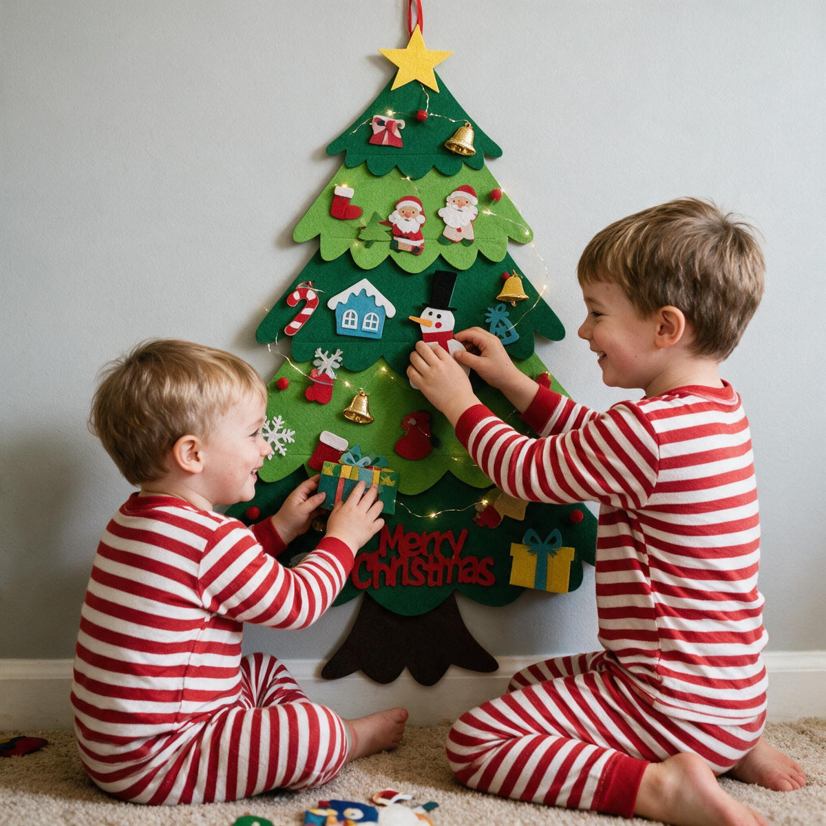 Two brothers in Christmas pajamas decorating their felt Christmas tree