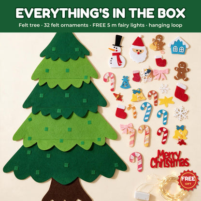 Everything in the box: felt tree, 32 felt ornaments and 5 m fairy lights
