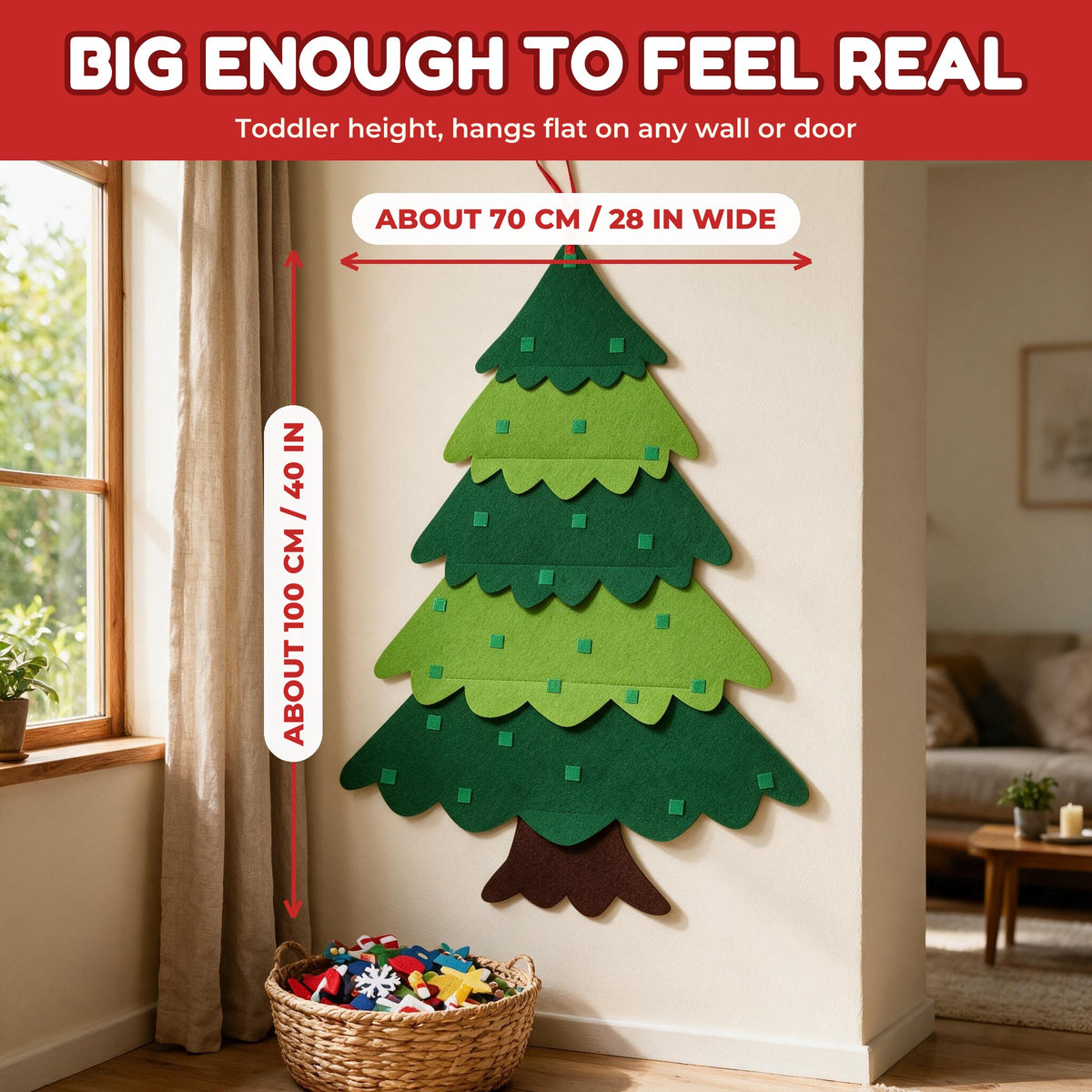 Felt tree size: about 100 cm (40 in) tall and 70 cm (28 in) wide