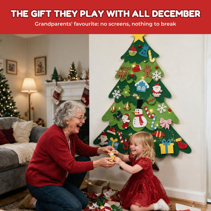 Grandmother and granddaughter decorating the felt Christmas tree together