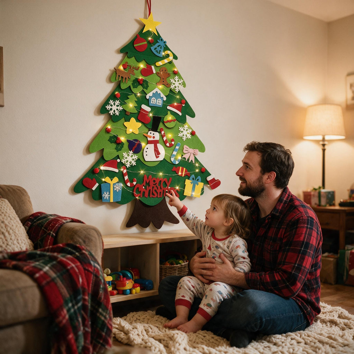 Dad and toddler looking at her glowing felt Christmas tree in the evening