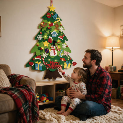 Dad and toddler looking at her glowing felt Christmas tree in the evening