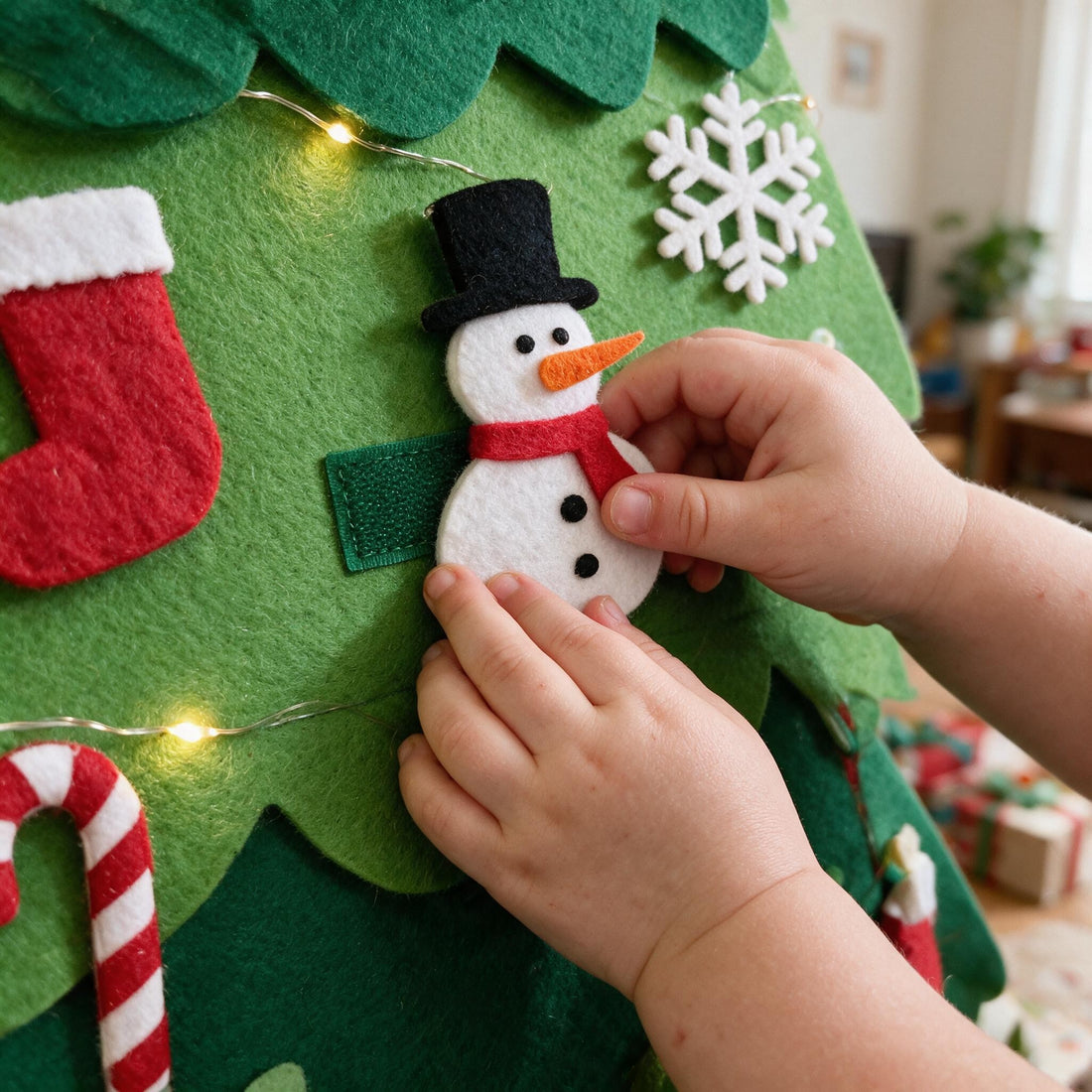 Small hands pressing a felt snowman onto the felt tree