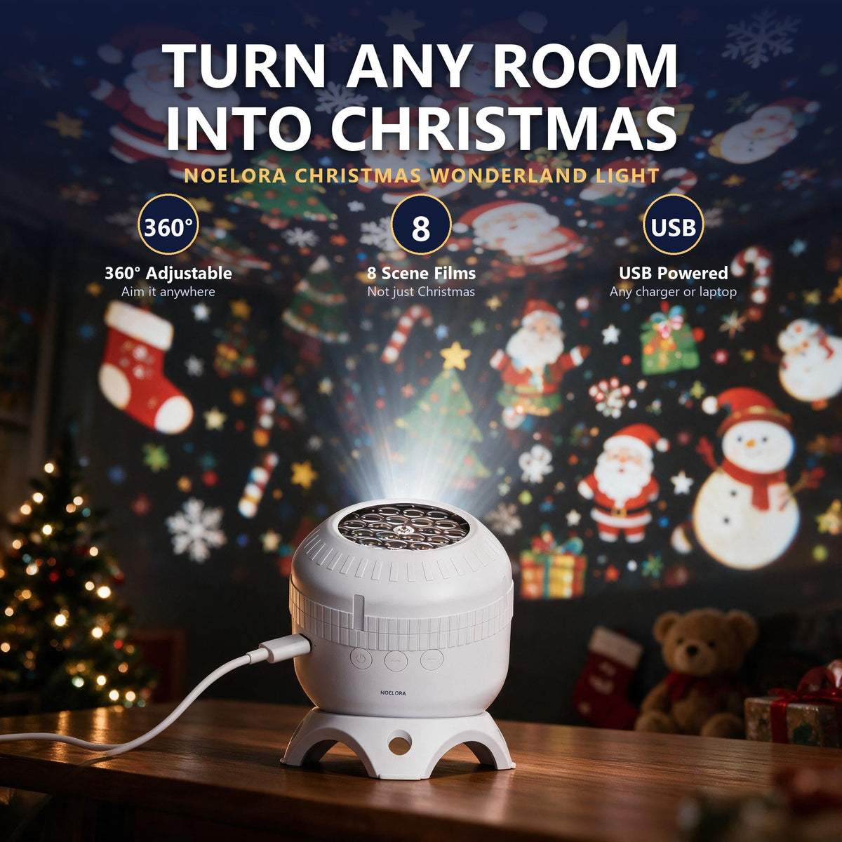Noelora Christmas projector light on a wooden table filling the room with Santa, snowmen and Christmas trees