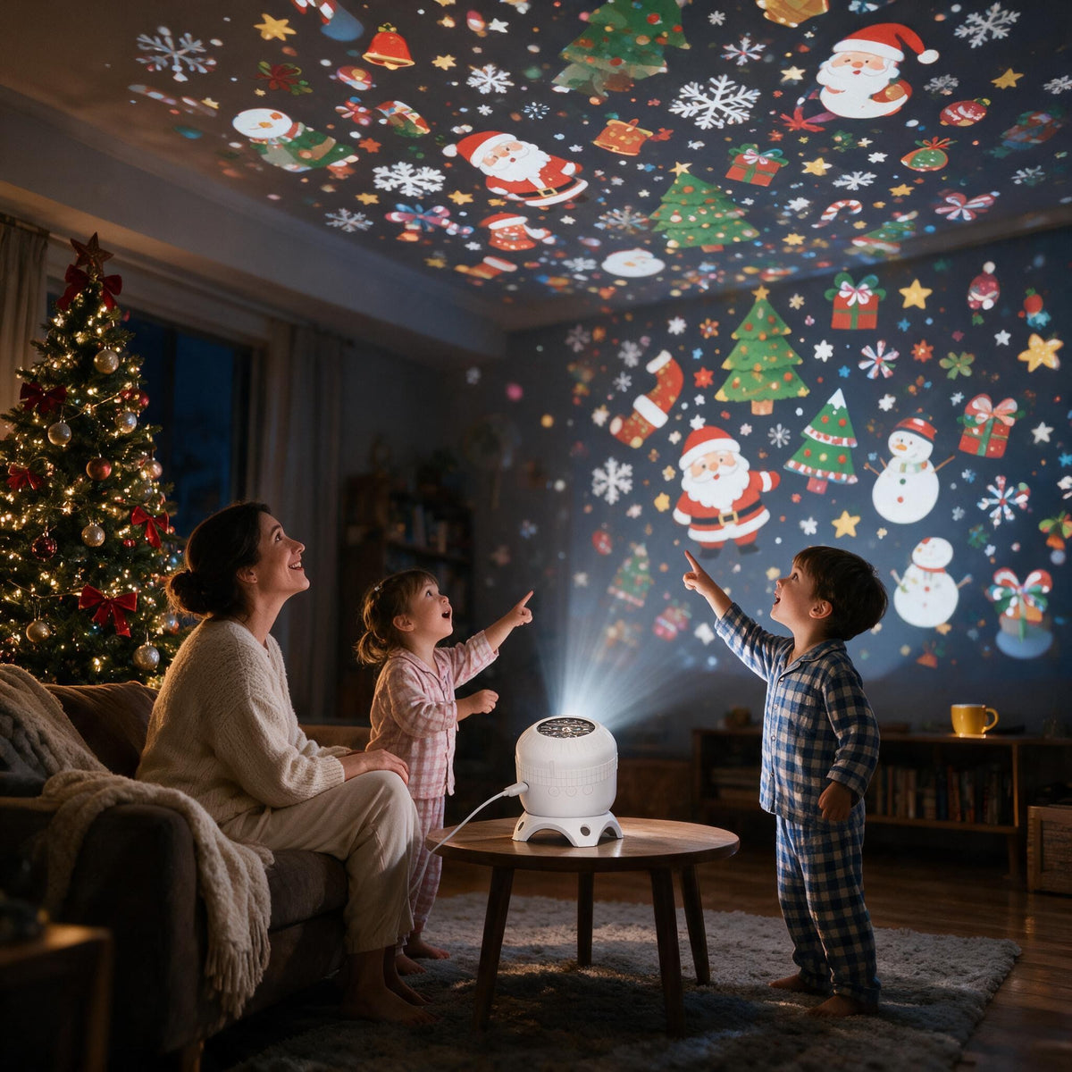 Family pointing at Christmas scenes across the living room walls and ceiling