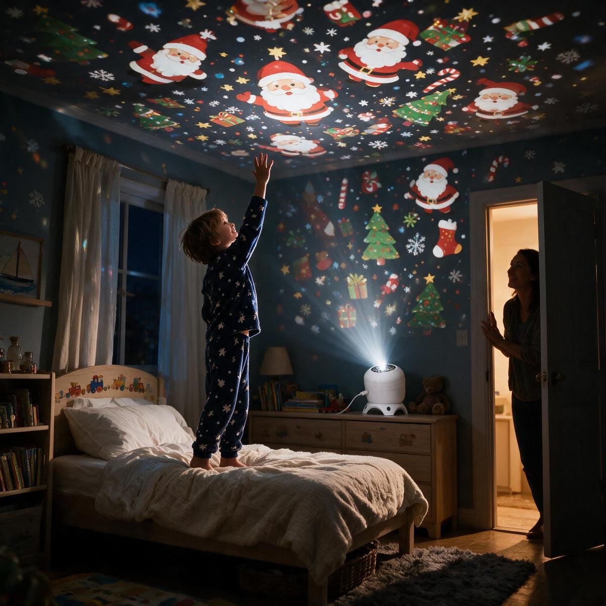 Boy reaching up to touch a projected Santa on his bedroom ceiling while his mother watches