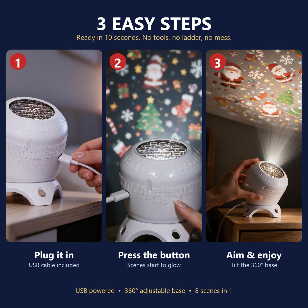 Three easy steps: plug in, press the button, aim and enjoy