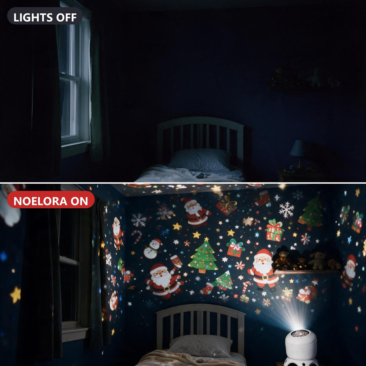 Same dark bedroom with lights off, then with Noelora projecting Christmas scenes on the walls and ceiling