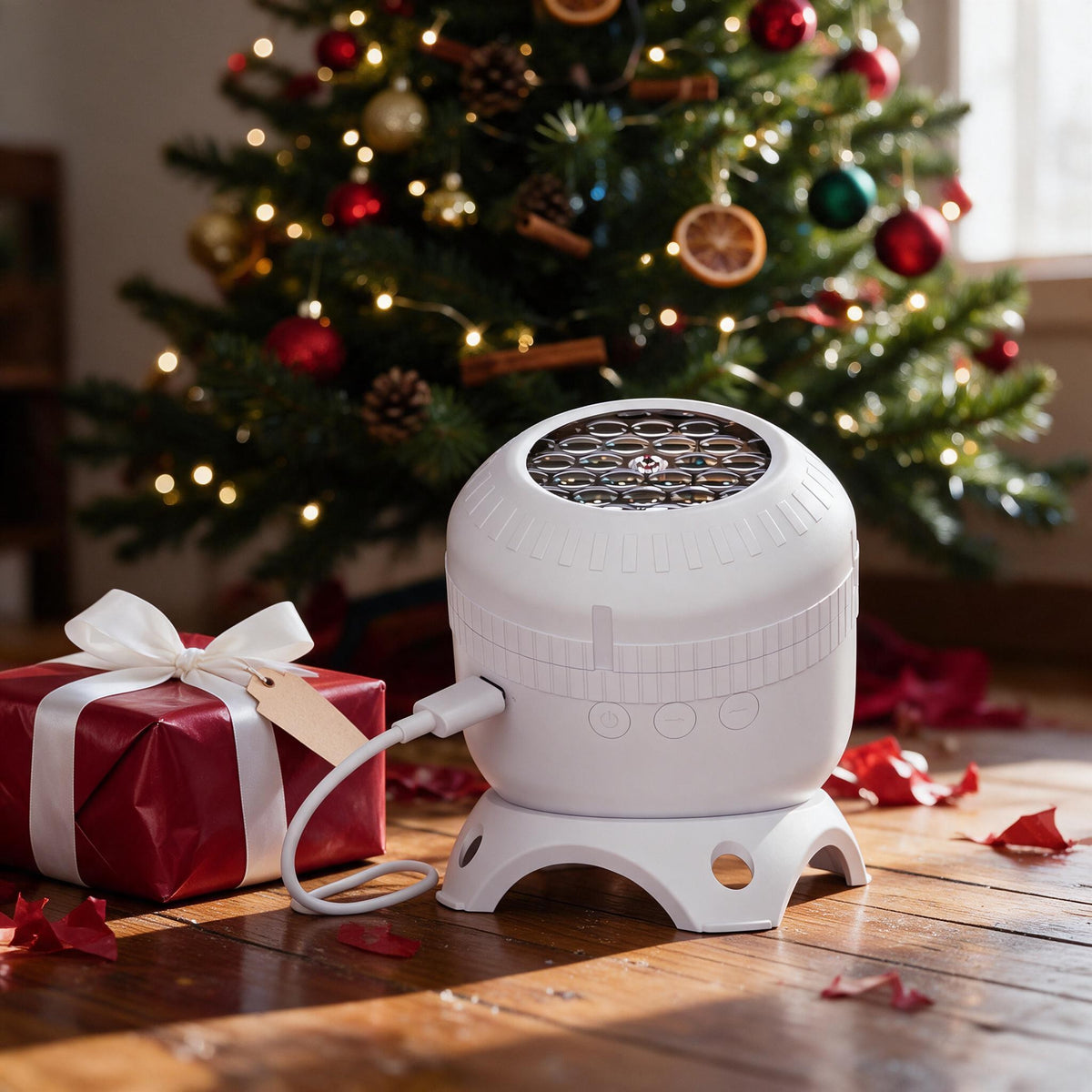 Noelora unwrapped under the Christmas tree beside a gift