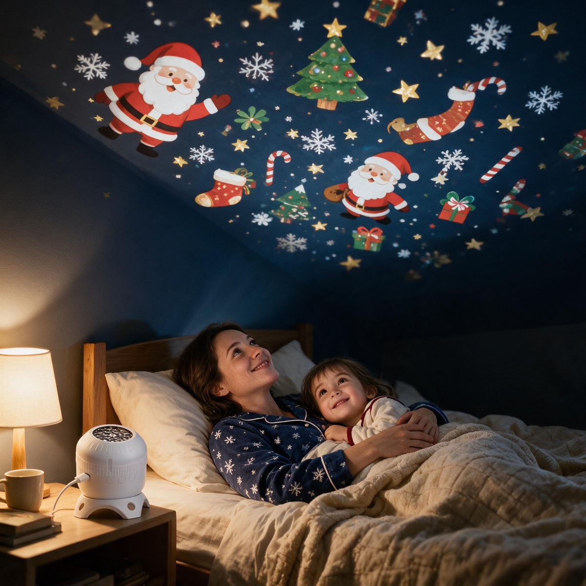 Mother and daughter watching Christmas scenes on the bedroom ceiling at bedtime